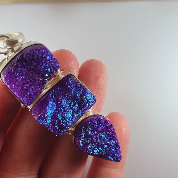 Purple Druzy Quartz Sterling Silver Pendant 2.5" Iridescent Triple Drop - Picture 10 of 13